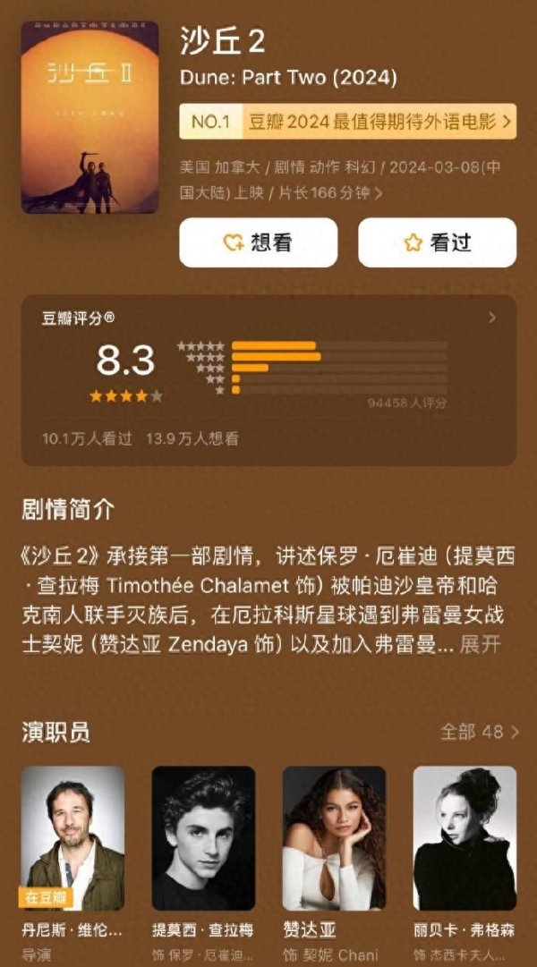 kaiyun.com 科幻大片《沙丘2》豆瓣评分高潮，单日票房仅次于《周处除三害》